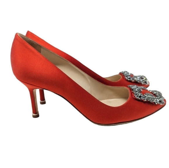 Manolo Blahnik Red Hangisi Satin Crystal 70mm Pump Size EU 36.5 - Picture 4 of 12